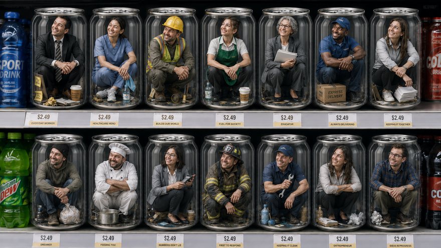 Workers of every trade — an office worker, a nurse, a builder, a chef, a firefighter — sit in glass cans on a supermarket shelf, each priced $2.49.