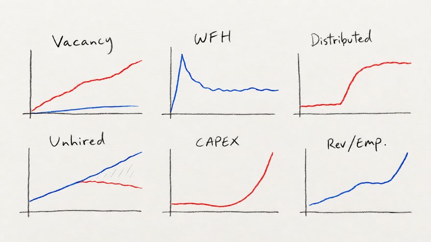 Six hand-drawn charts: office vacancy climbing, work from home spiking then settling, distributed work stepping up, the unhired gap, capex surging, and revenue per employee rising.
