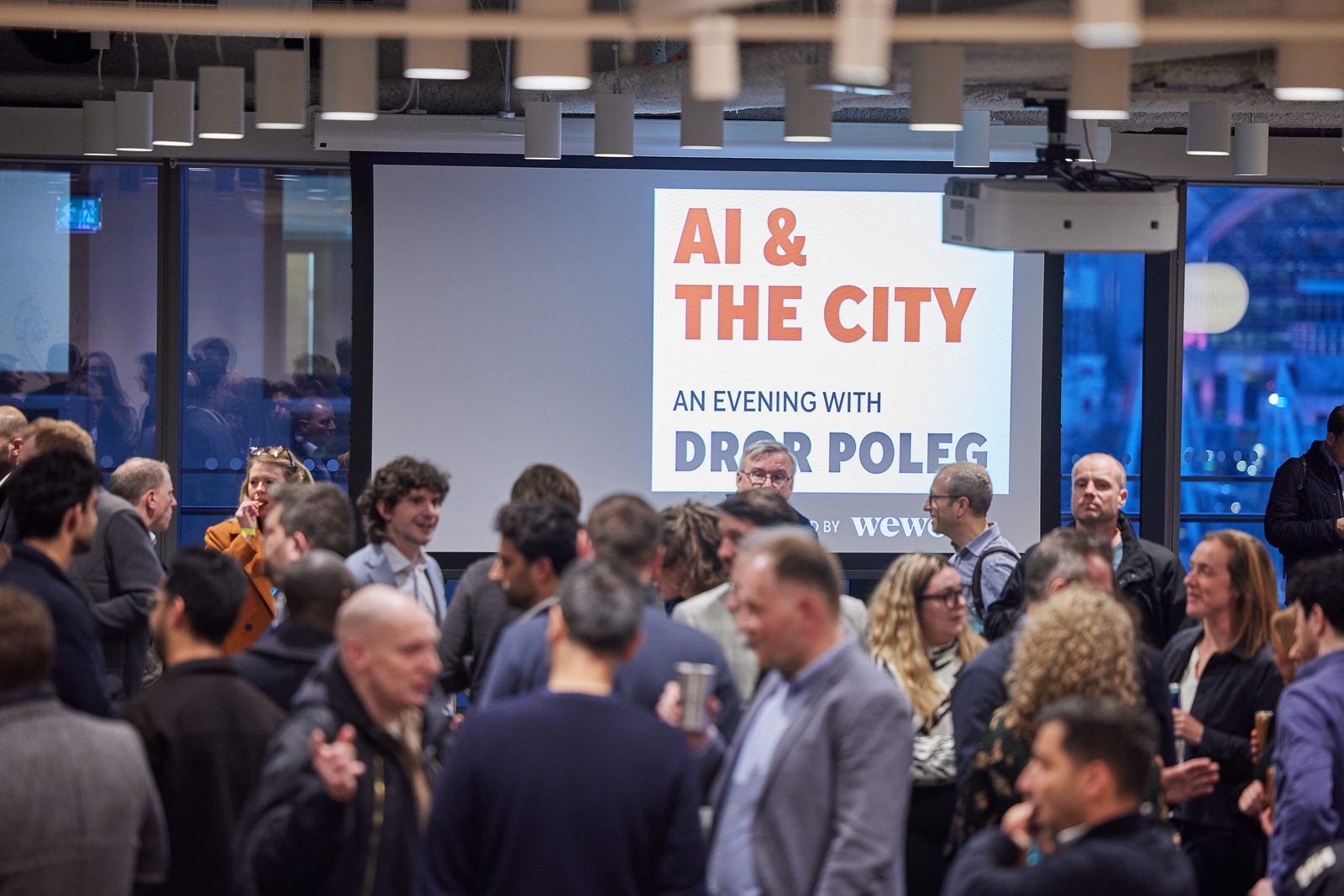 A full room at WeWork London for An Evening with Dror Poleg: AI & The City.